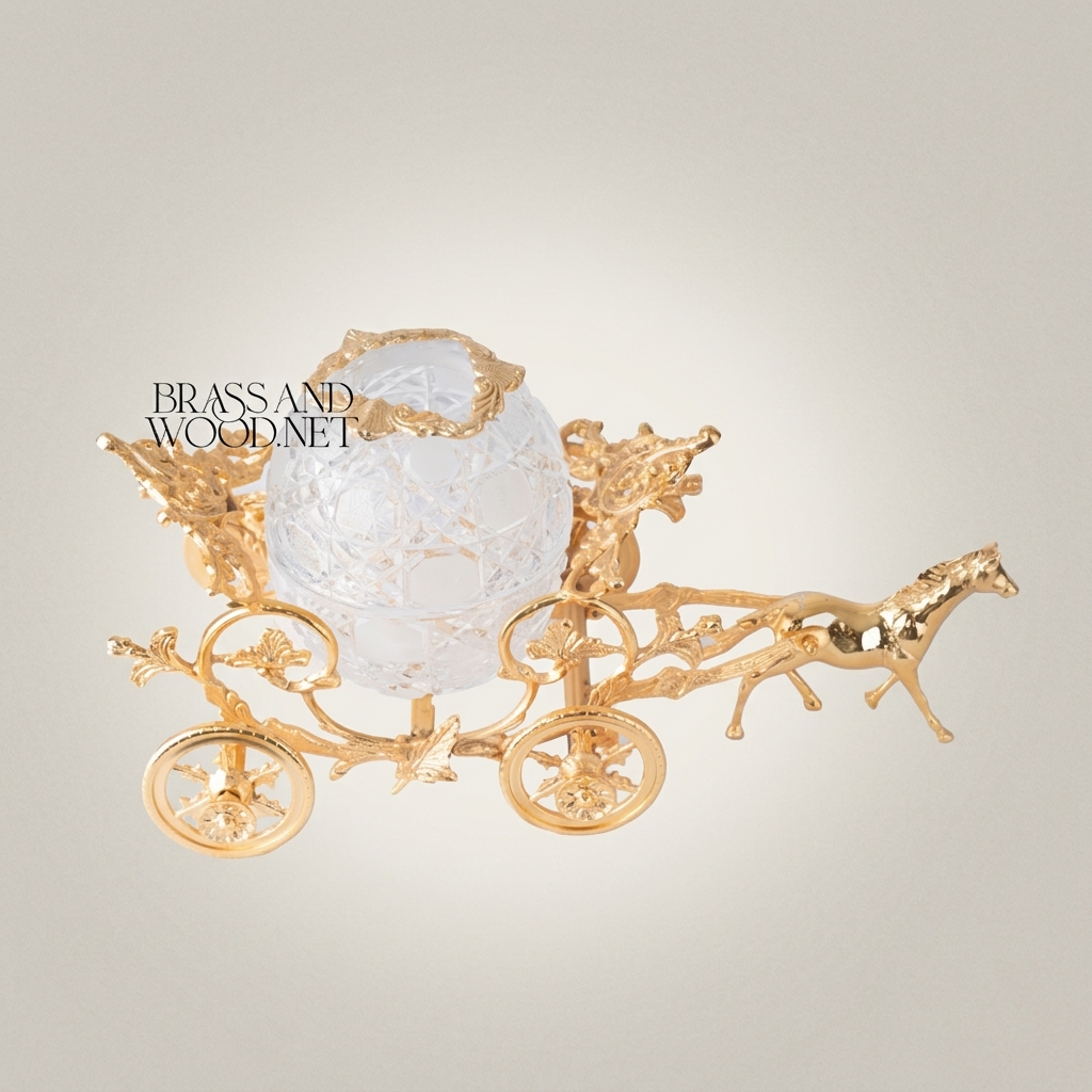 Baroque Horse-Drawn Carriage Tissue Box in Ornate Brass & Crystal Globe