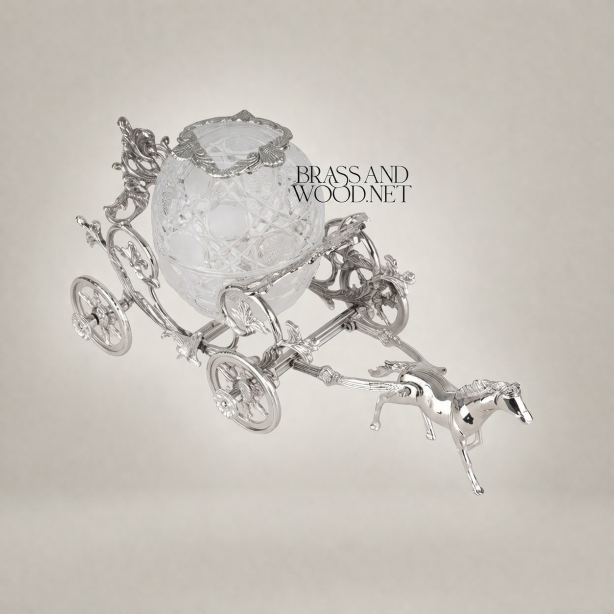 Baroque Horse-Drawn Carriage Tissue Box in Ornate Brass & Crystal Globe — Silver