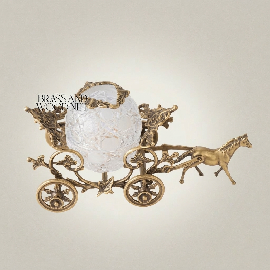 Baroque Horse-Drawn Carriage Tissue Box in Ornate Brass & Crystal Globe — Antique Gold