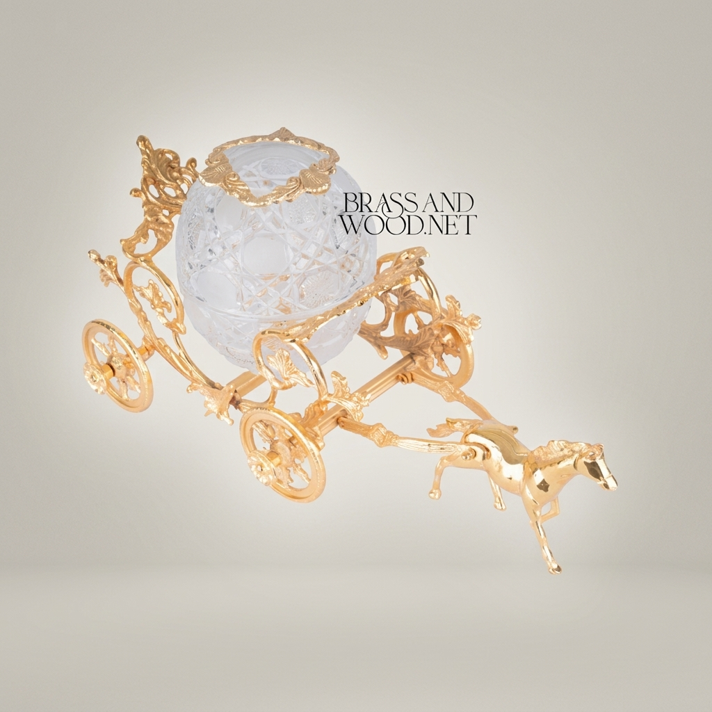 Baroque Horse-Drawn Carriage Tissue Box in Ornate Brass & Crystal Globe — Gold