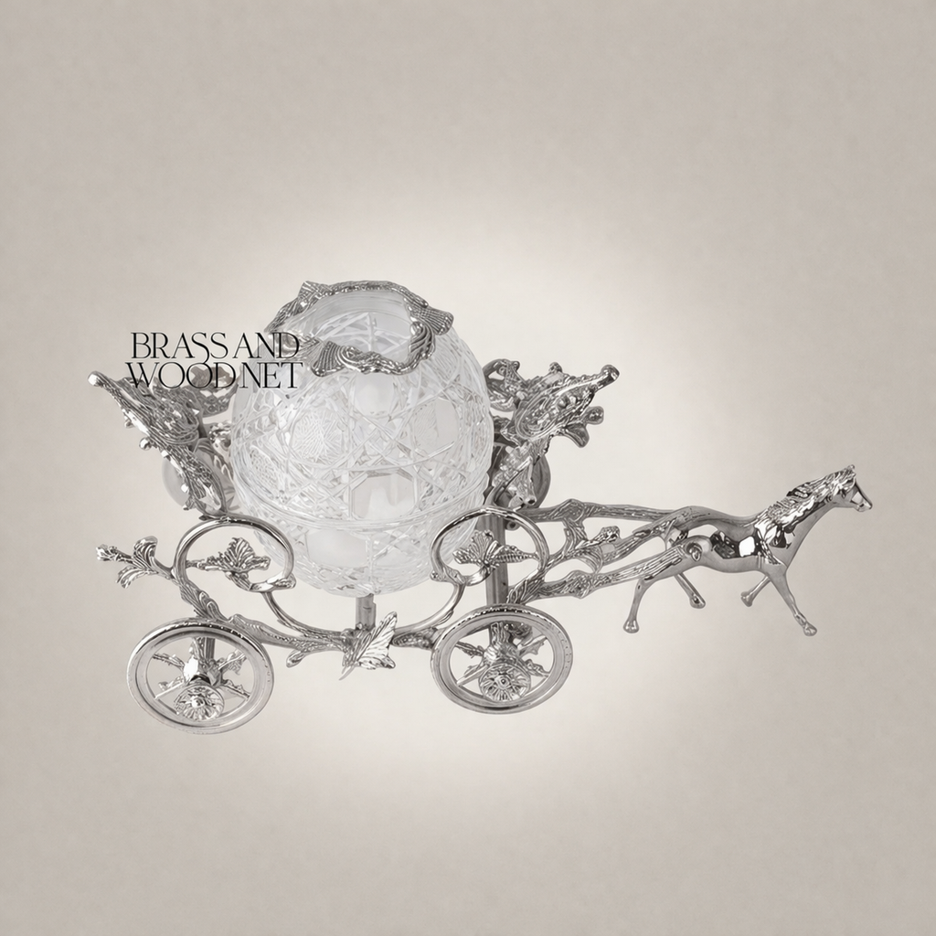 Baroque Horse-Drawn Carriage Tissue Box in Ornate Brass & Crystal Globe — Silver