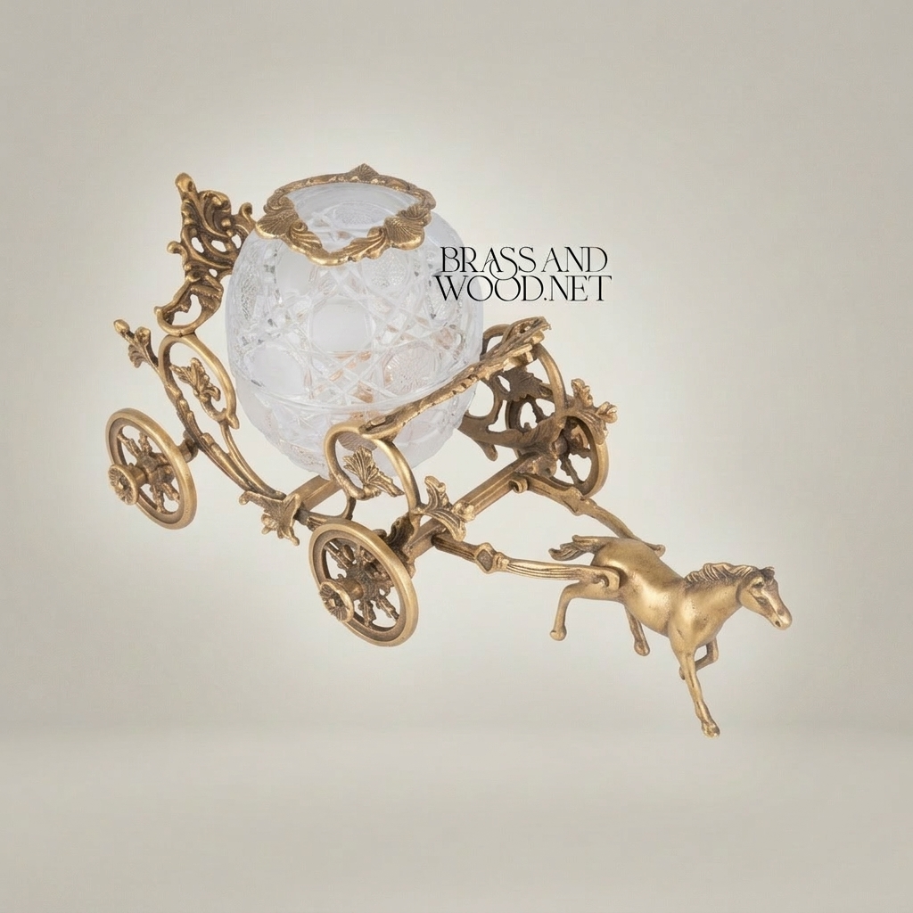 Baroque Horse-Drawn Carriage Tissue Box in Ornate Brass & Crystal Globe — Antique Gold