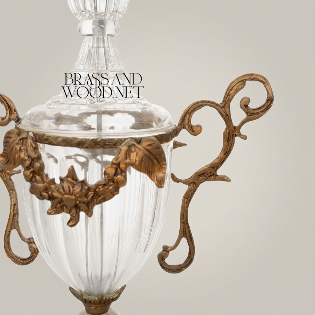 Baroque Lidded Crystal & Brass Trophy Urn with Acanthus Scrollwork and Leaf Finial — Antique Gold