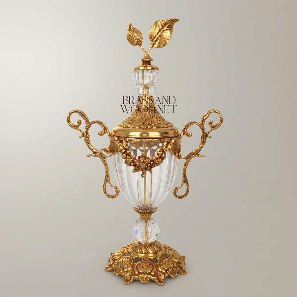 Baroque Lidded Crystal & Brass Trophy Urn with Acanthus Scrollwork and Leaf Finial
