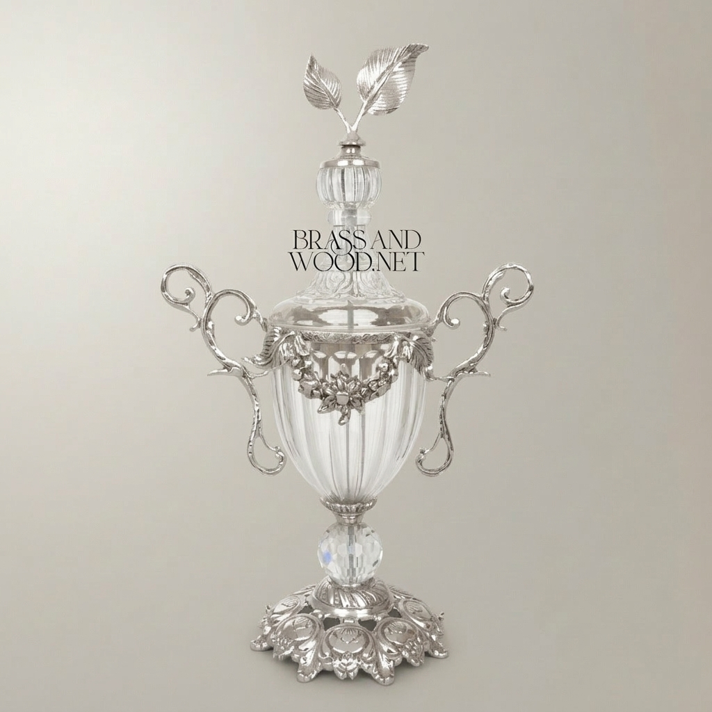 Baroque Lidded Crystal & Brass Trophy Urn with Acanthus Scrollwork and Leaf Finial — Silver
