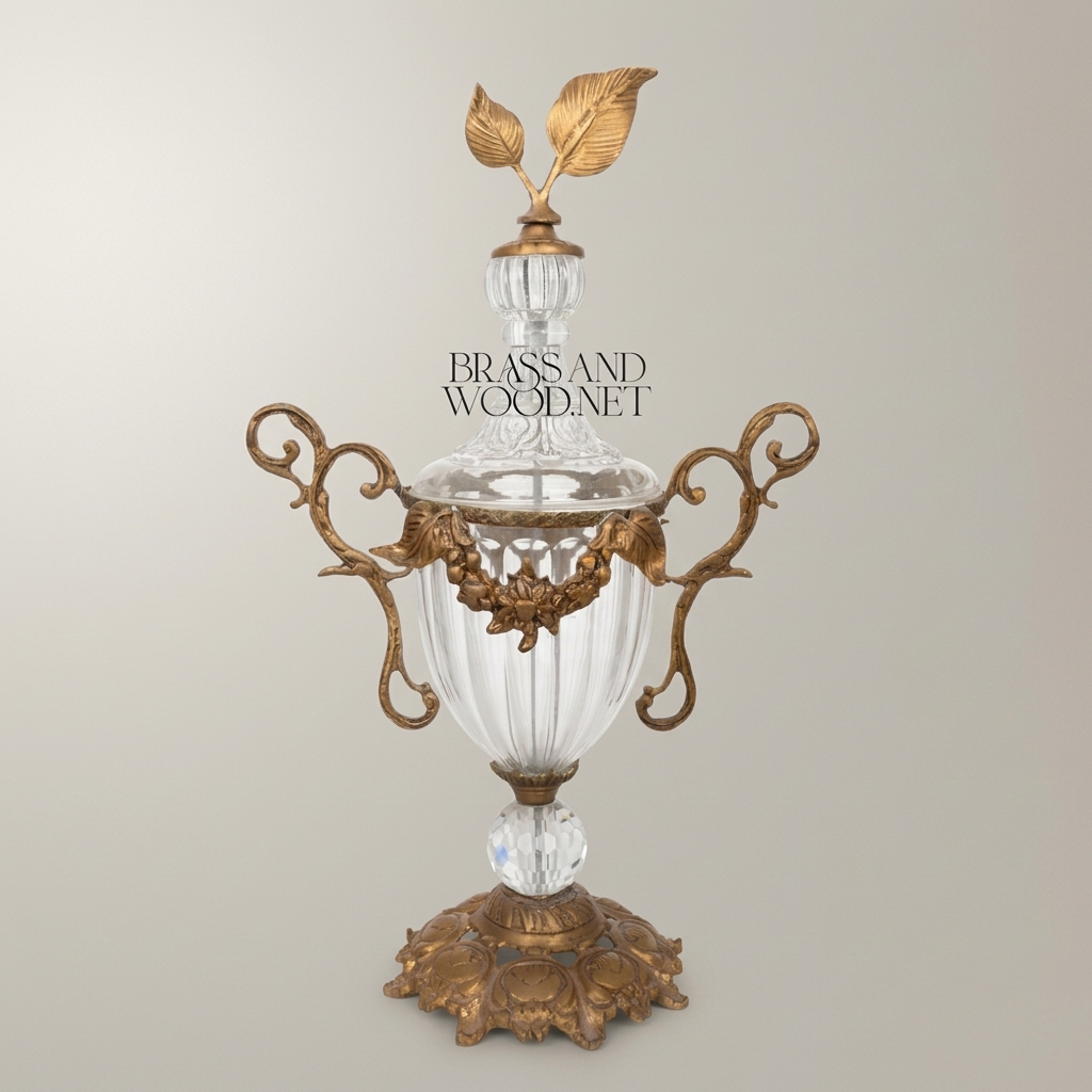 Baroque Lidded Crystal & Brass Trophy Urn with Acanthus Scrollwork and Leaf Finial — Antique Gold