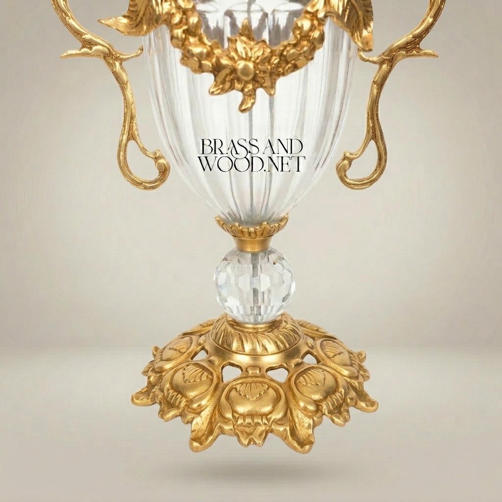 Baroque Lidded Crystal & Brass Trophy Urn with Acanthus Scrollwork and Leaf Finial