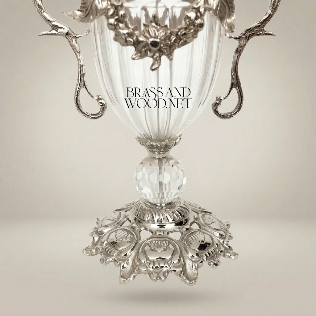 Baroque Lidded Crystal & Brass Trophy Urn with Acanthus Scrollwork and Leaf Finial — Silver