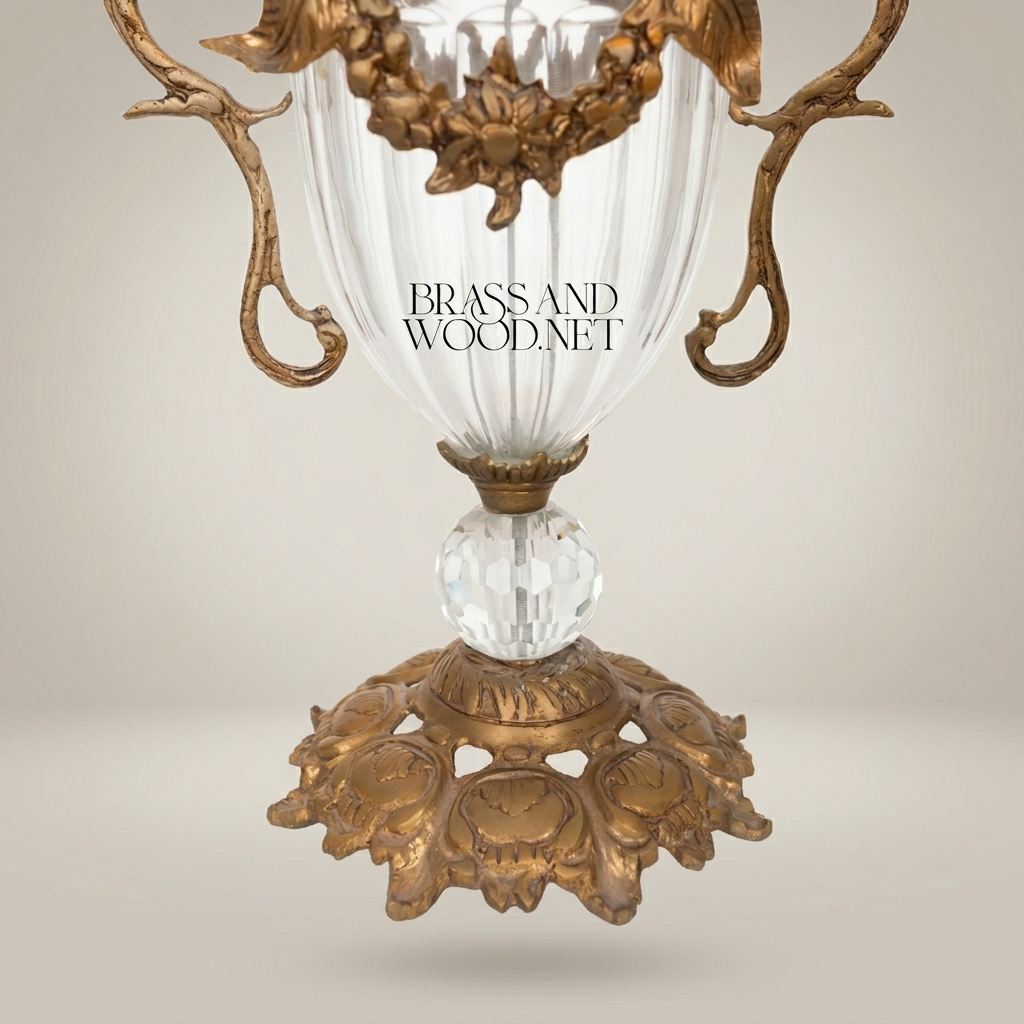 Baroque Lidded Crystal & Brass Trophy Urn with Acanthus Scrollwork and Leaf Finial — Antique Gold