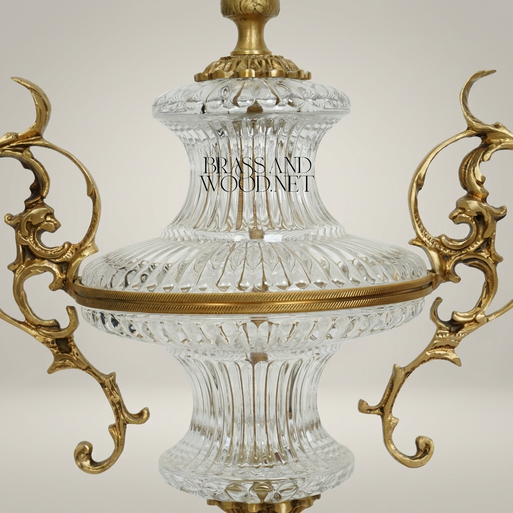 Baroque Lidded Crystal & Brass Urn Vase with Acanthus Scroll Handles — Antique Gold