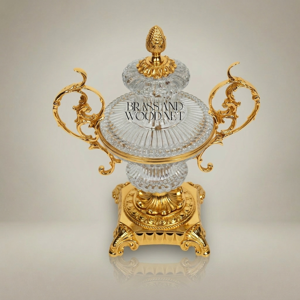 Baroque Lidded Crystal & Brass Urn Vase with Acanthus Scroll Handles — Gold