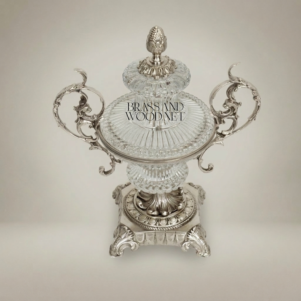 Baroque Lidded Crystal & Brass Urn Vase with Acanthus Scroll Handles — Silver
