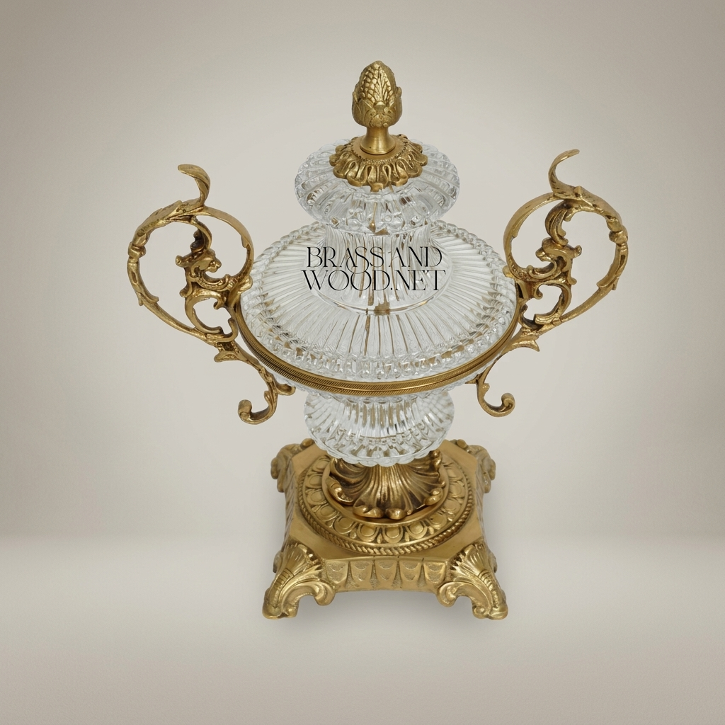 Baroque Lidded Crystal & Brass Urn Vase with Acanthus Scroll Handles — Antique Gold