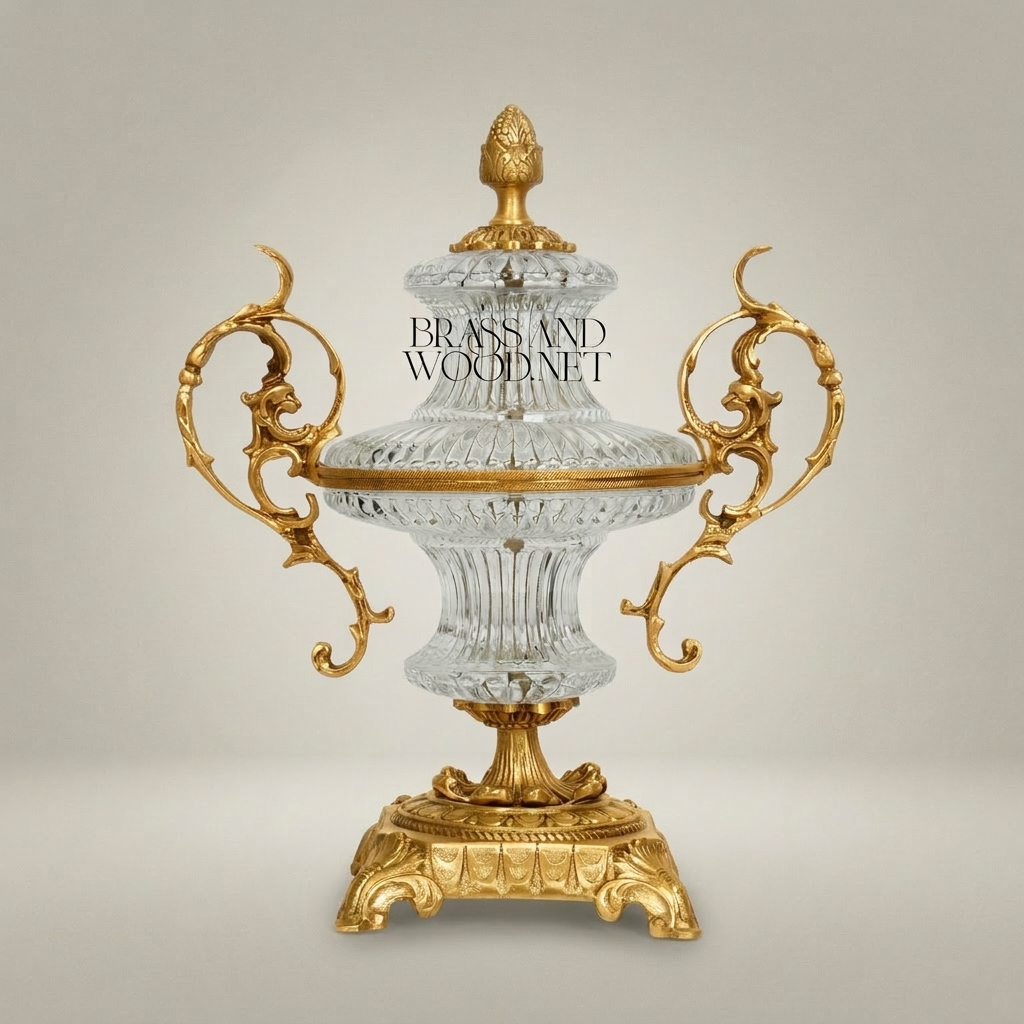 Baroque Lidded Crystal & Brass Urn Vase with Acanthus Scroll Handles — Gold