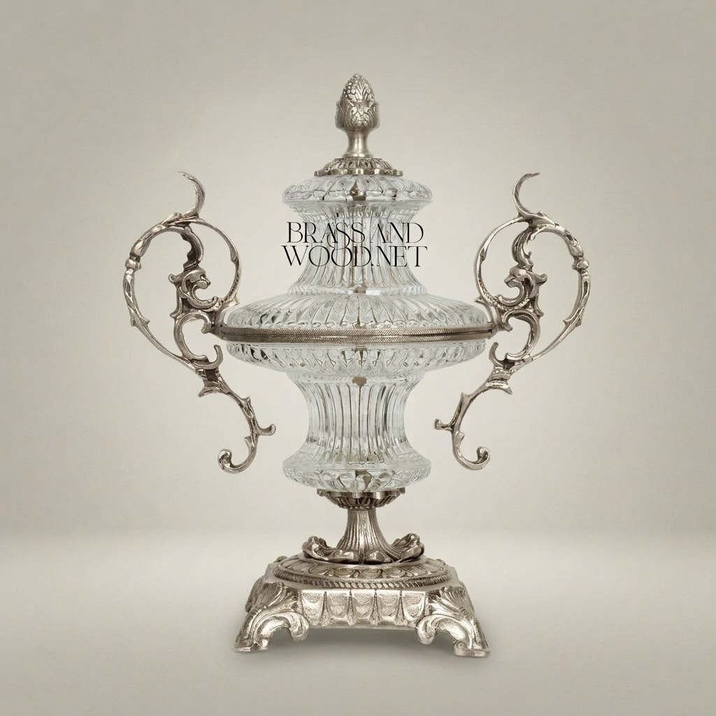 Baroque Lidded Crystal & Brass Urn Vase with Acanthus Scroll Handles — Silver
