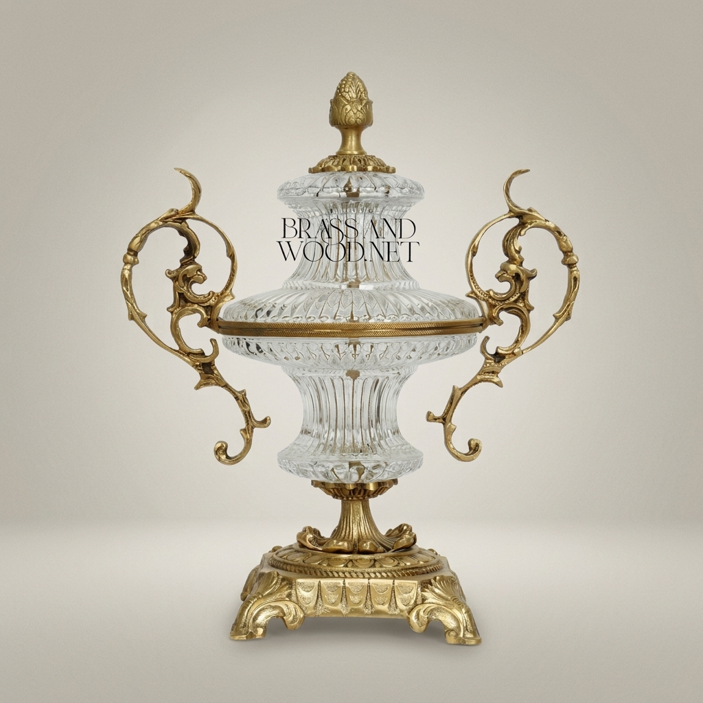 Baroque Lidded Crystal & Brass Urn Vase with Acanthus Scroll Handles — Antique Gold