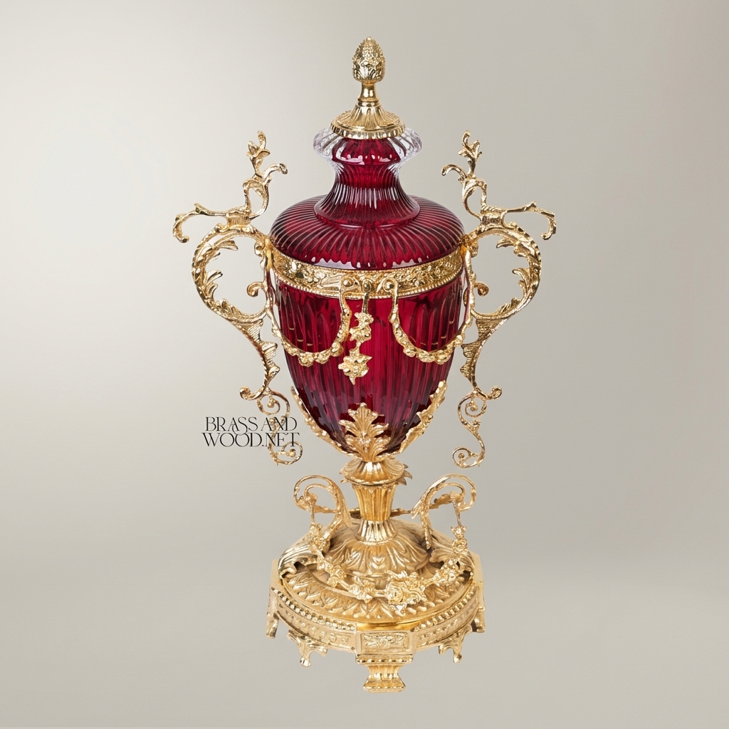 Baroque Lidded Crystal Urn Vase with Ornate Brass Scrollwork Frame