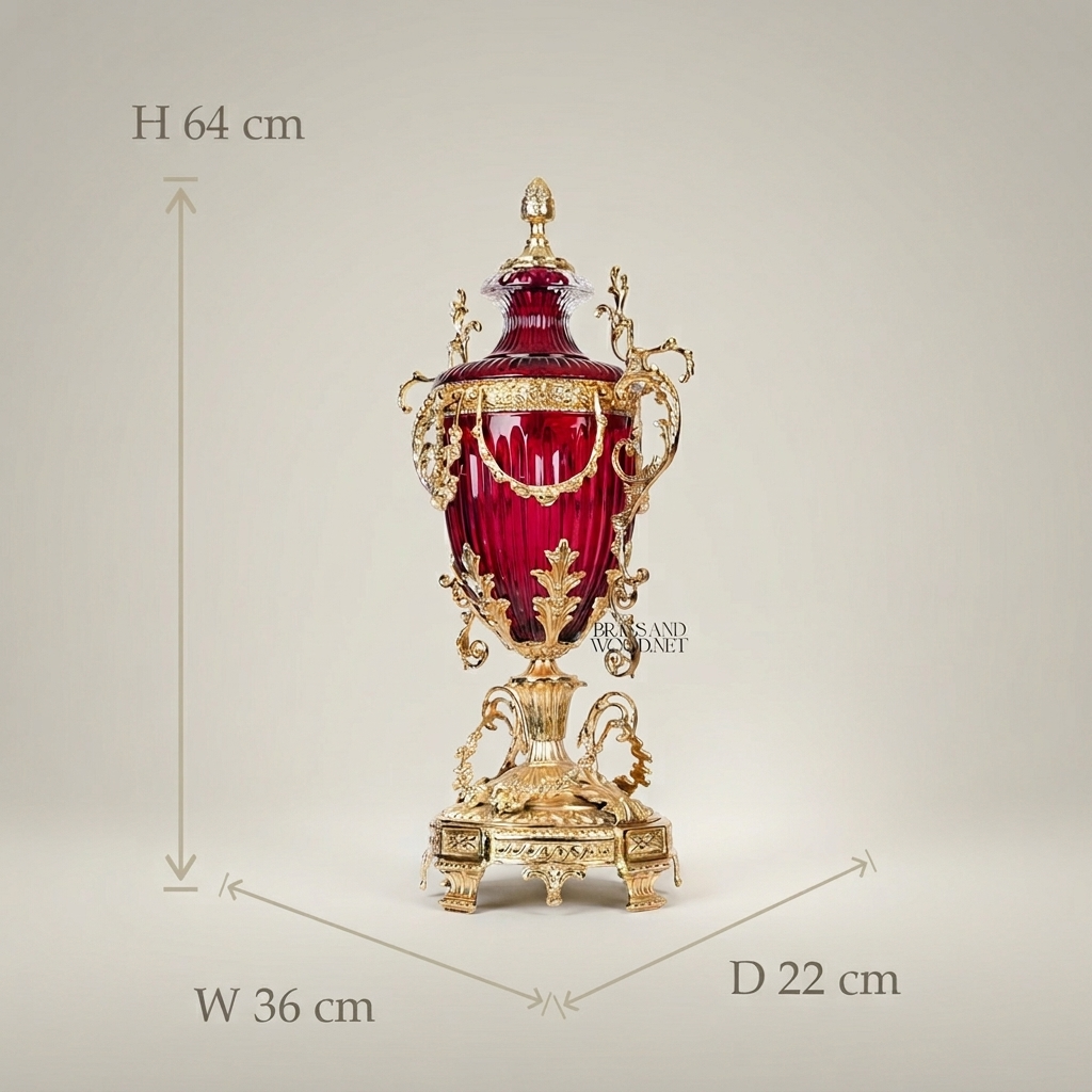 Baroque Lidded Crystal Urn Vase with Ornate Brass Scrollwork Frame