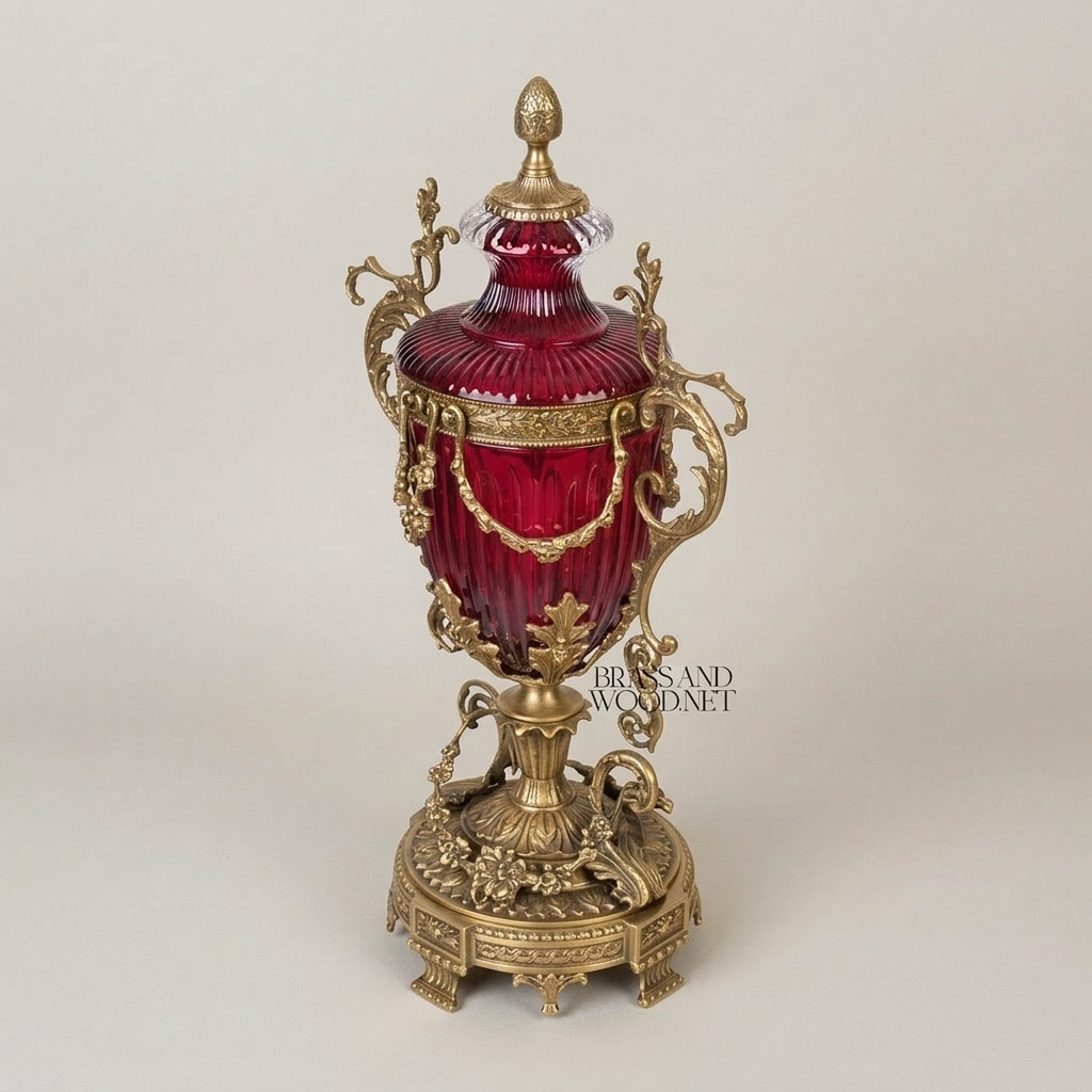 Baroque Lidded Crystal Urn Vase with Ornate Brass Scrollwork Frame — Antique Gold