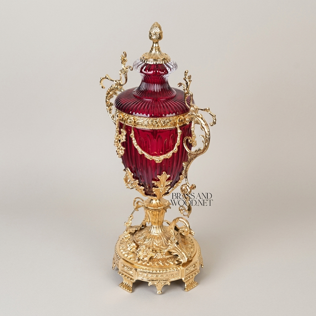 Baroque Lidded Crystal Urn Vase with Ornate Brass Scrollwork Frame