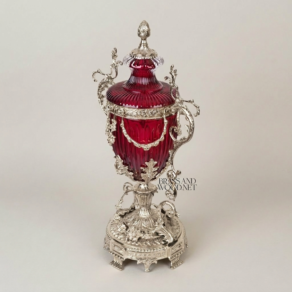 Baroque Lidded Crystal Urn Vase with Ornate Brass Scrollwork Frame — Silver