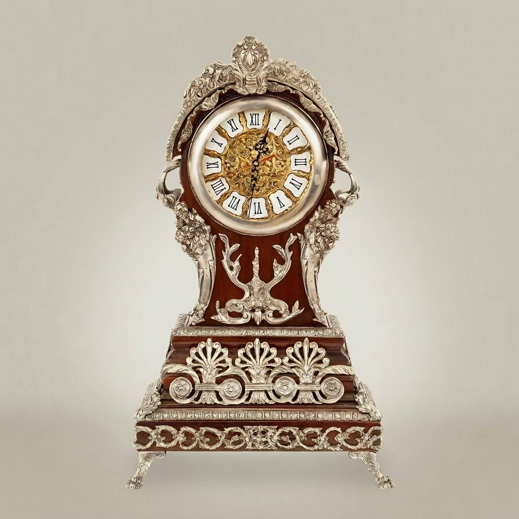 Baroque Mantel Clock with Ormolu Mounts, Acanthus Crest & Roman Numeral Dial — Silver