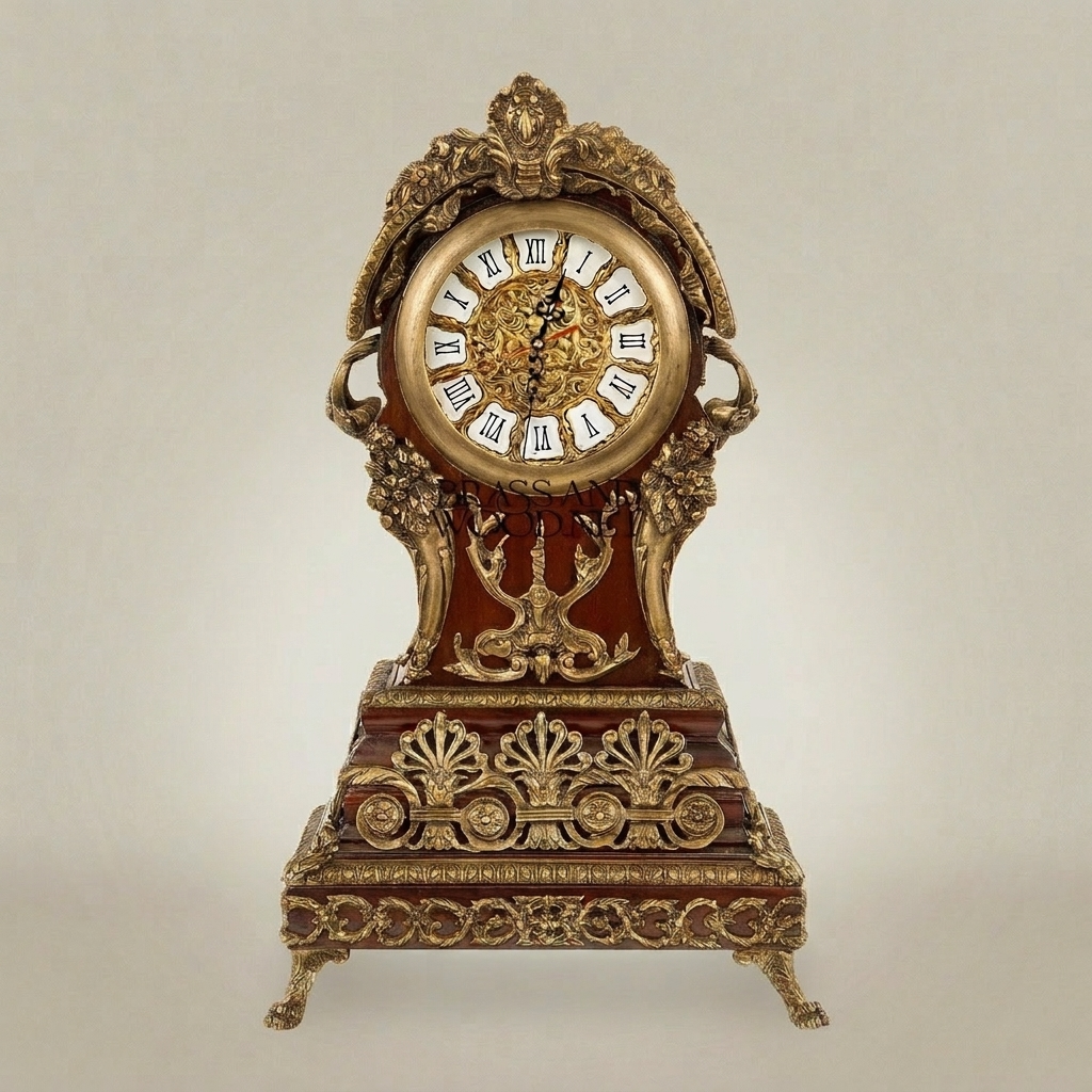 Baroque Mantel Clock with Ormolu Mounts, Acanthus Crest & Roman Numeral Dial — Antique Gold