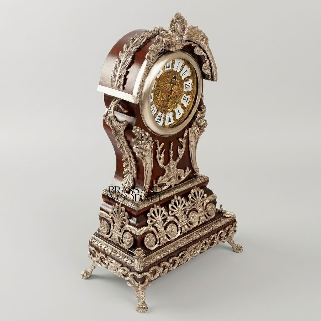 Baroque Mantel Clock with Ormolu Mounts, Acanthus Crest & Roman Numeral Dial — Silver
