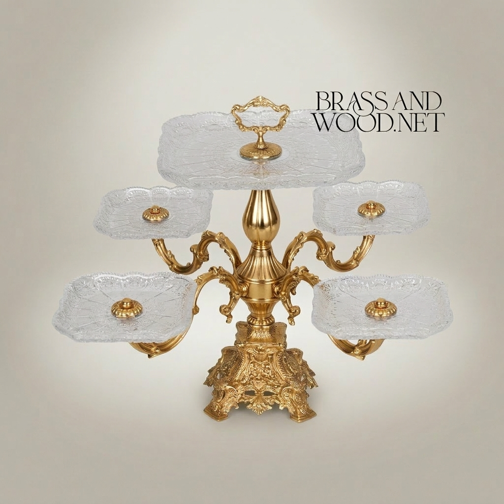 Baroque Multi-Tier Brass & Glass Candy Centerpiece - 6-Arm Ornate Stand — Gold