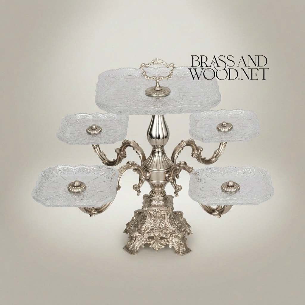 Baroque Multi-Tier Brass & Glass Candy Centerpiece - 6-Arm Ornate Stand — Silver