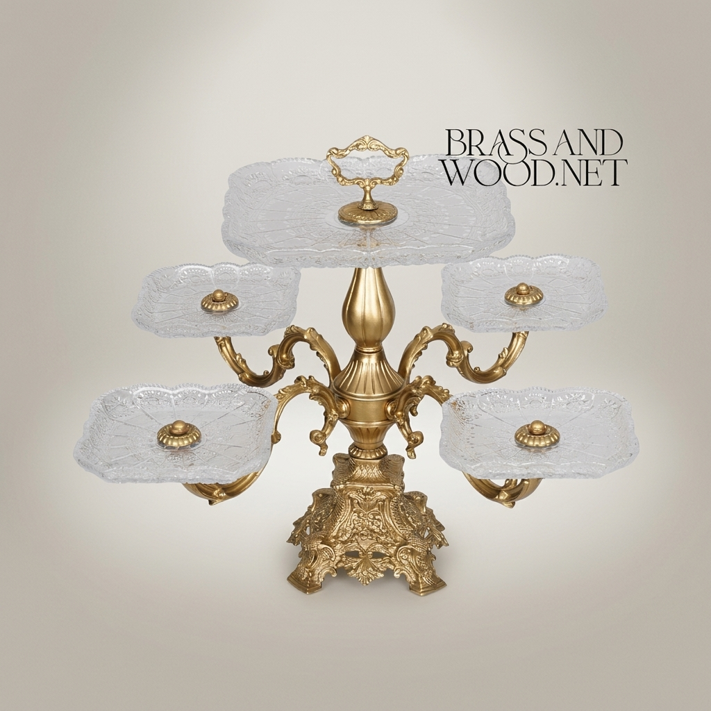 Baroque Multi-Tier Brass & Glass Candy Centerpiece - 6-Arm Ornate Stand — Antique Gold