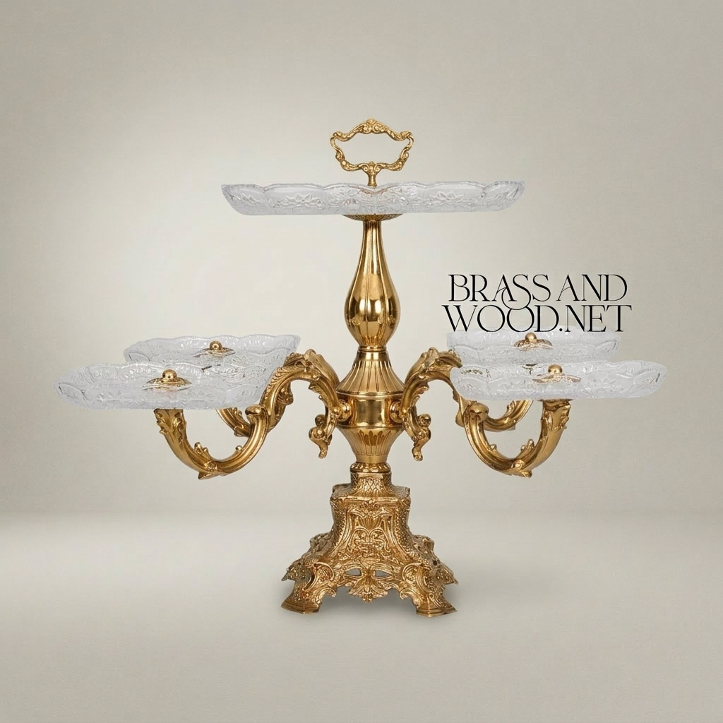 Baroque Multi-Tier Brass & Glass Candy Centerpiece - 6-Arm Ornate Stand