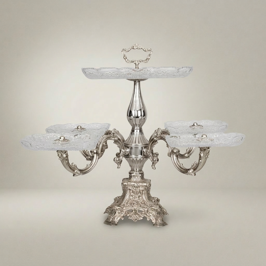 Baroque Multi-Tier Brass & Glass Candy Centerpiece - 6-Arm Ornate Stand — Silver
