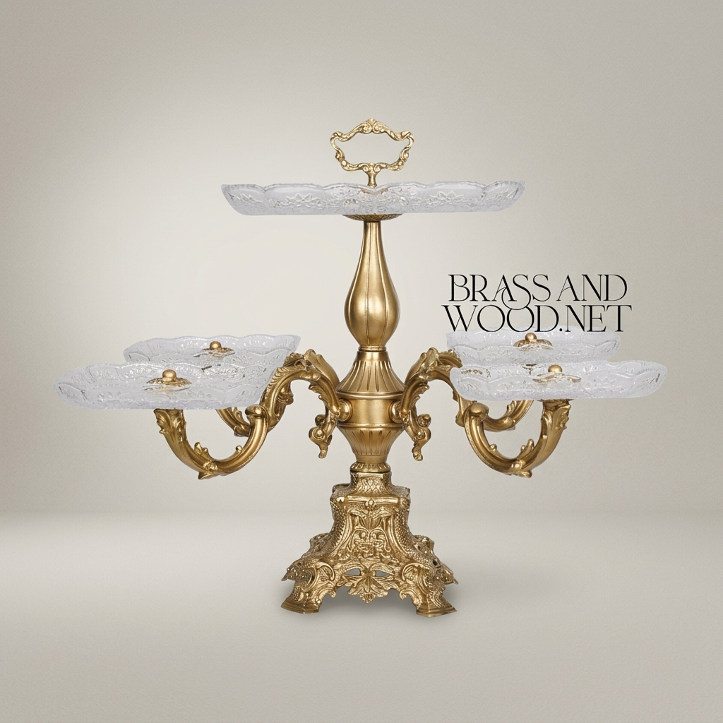Baroque Multi-Tier Brass & Glass Candy Centerpiece - 6-Arm Ornate Stand — Antique Gold