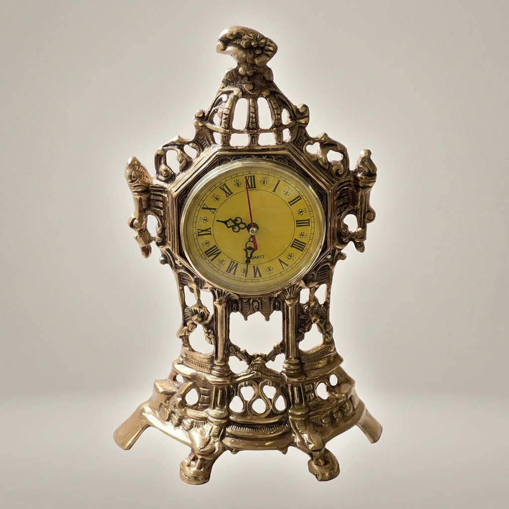 Baroque Openwork Brass Mantel Clock with Eagle Finial & Roman Dial — Antique Gold