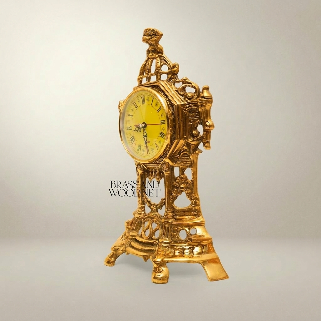 Baroque Openwork Brass Mantel Clock with Eagle Finial & Roman Dial — Gold
