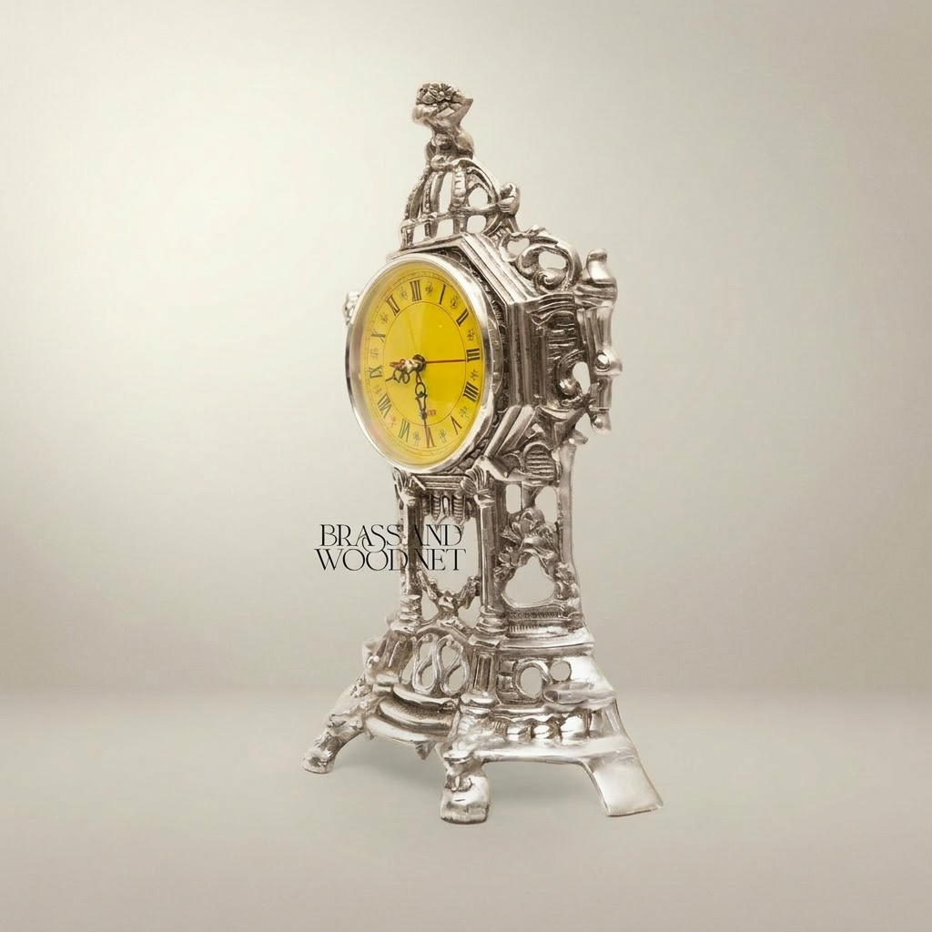 Baroque Openwork Brass Mantel Clock with Eagle Finial & Roman Dial — Silver