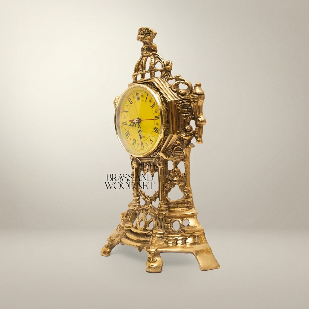 Baroque Openwork Brass Mantel Clock with Eagle Finial & Roman Dial — Antique Gold