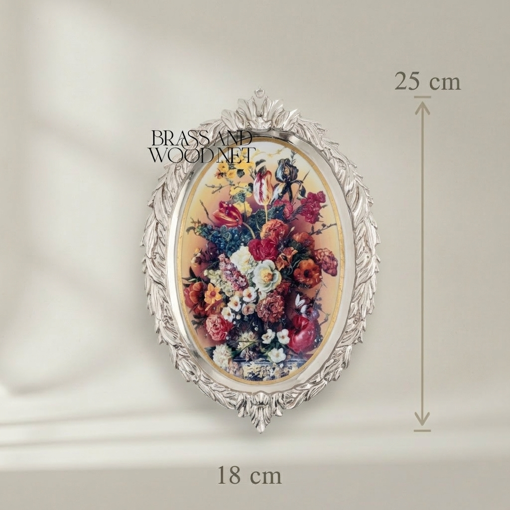 Baroque Oval Decorative Wall Plate - Ornate Floral Botanical Print — Silver