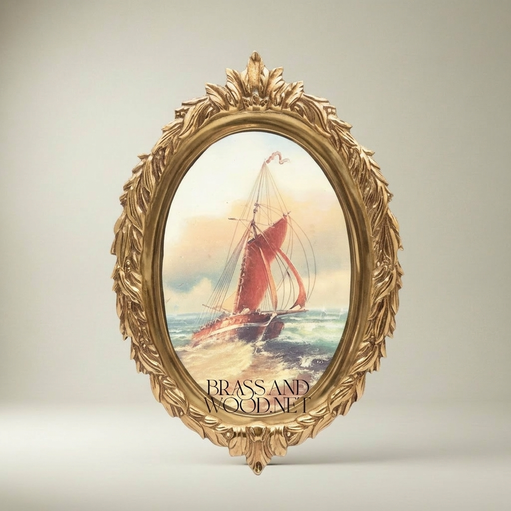 Baroque Oval Wall Plate with Acanthus Carved Frame & Maritime Art Print — Gold