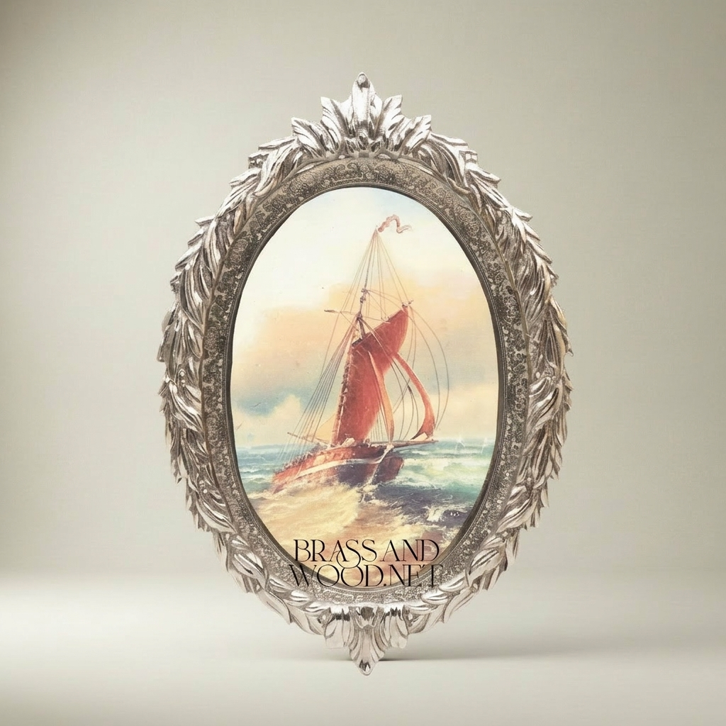 Baroque Oval Wall Plate with Acanthus Carved Frame & Maritime Art Print — Silver