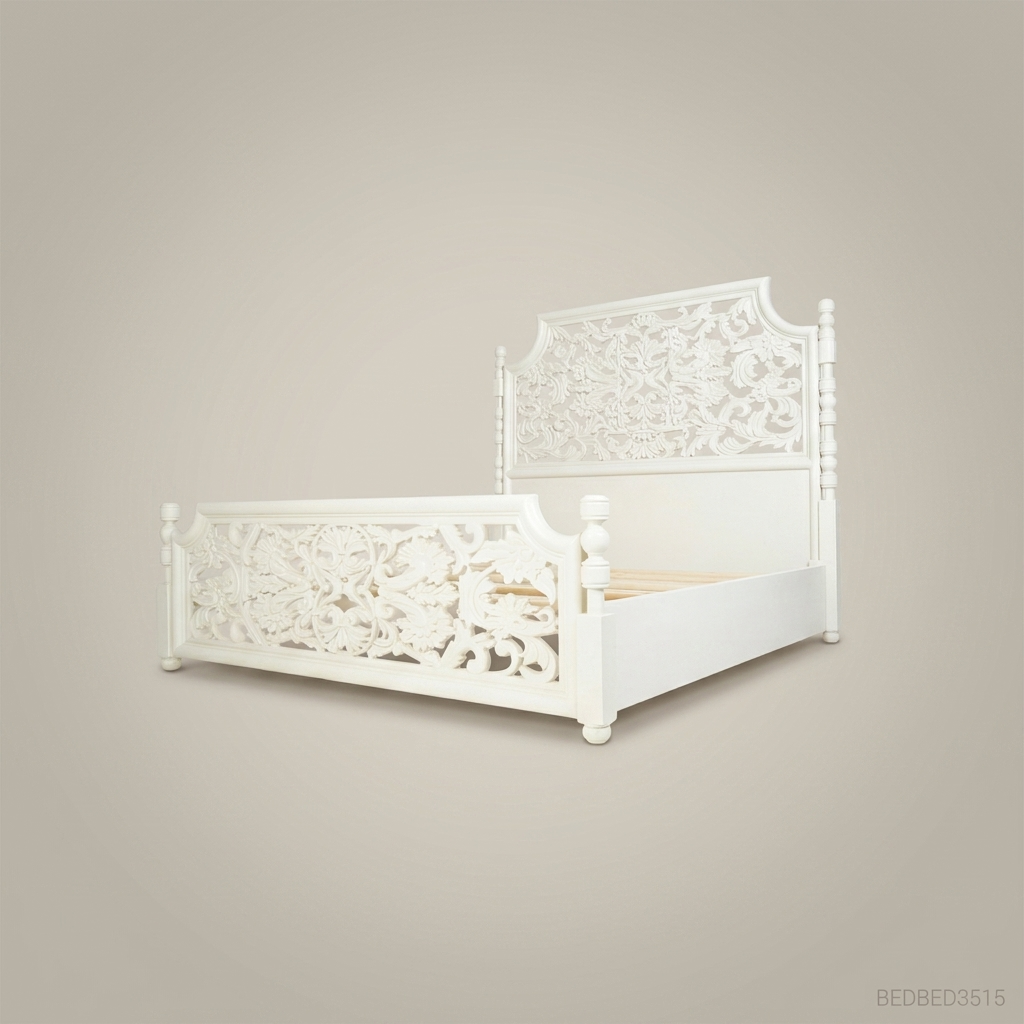 Baroque Pierced Foliate Carved Solid Wood Super King Bed — White Lacquer Scrollwork