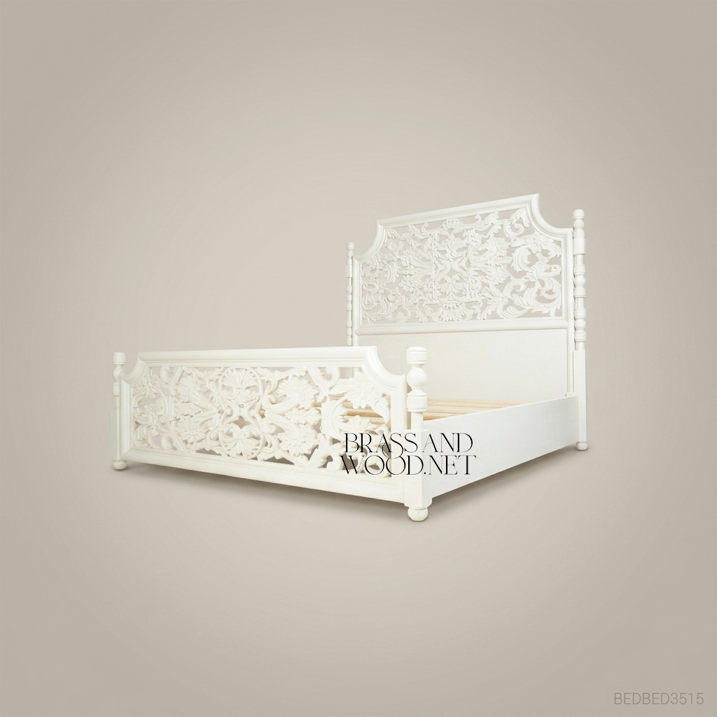 Baroque Pierced Foliate Carved Solid Wood Super King Bed — White Lacquer Scrollwork