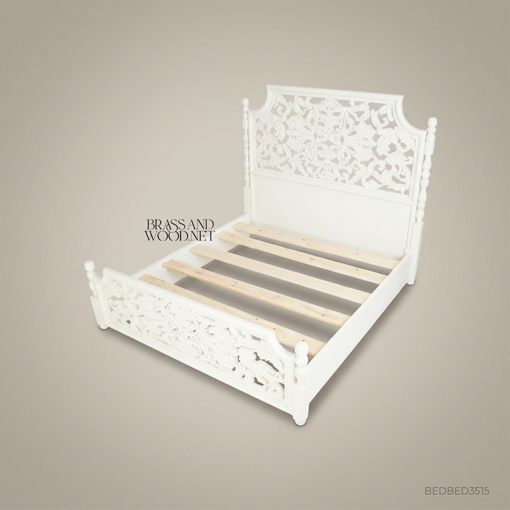 Baroque Pierced Foliate Carved Solid Wood Super King Bed — White Lacquer Scrollwork