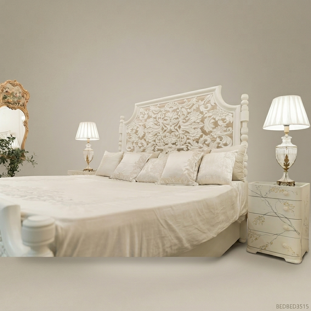 Baroque Pierced Foliate Carved Solid Wood Super King Bed — White Lacquer Scrollwork