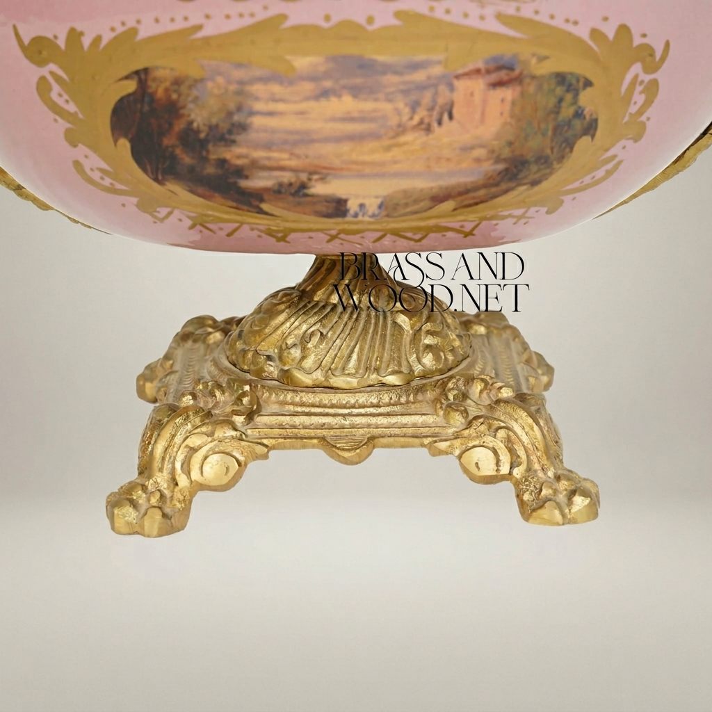 Baroque Porcelain & Brass Footed Centerpiece Bowl - Hand-Painted Landscape Medallion — Antique Gold