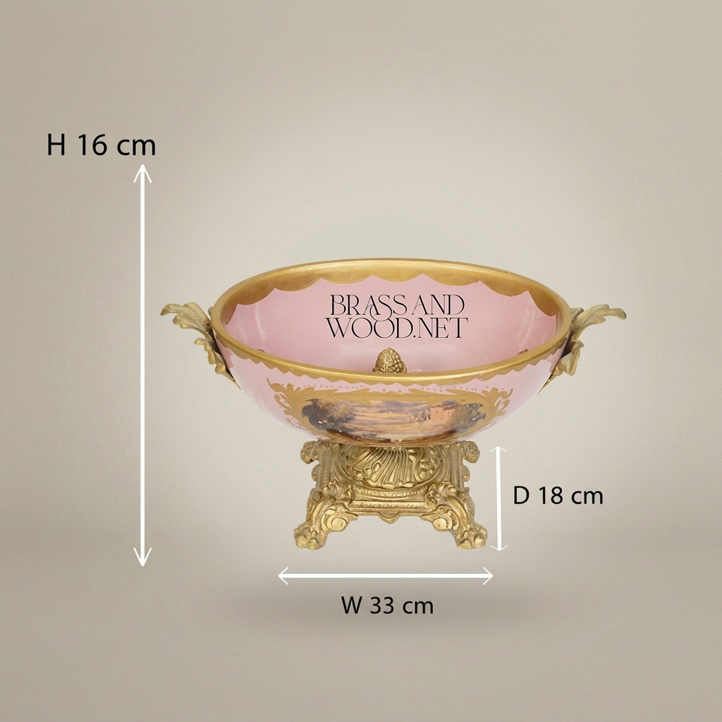 Baroque Porcelain & Brass Footed Centerpiece Bowl - Hand-Painted Landscape Medallion — Antique Gold