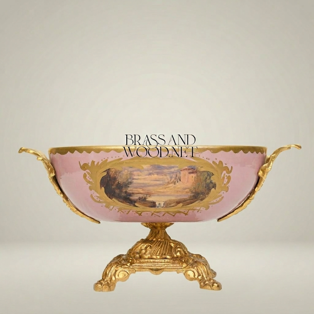 Baroque Porcelain & Brass Footed Centerpiece Bowl - Hand-Painted Landscape Medallion