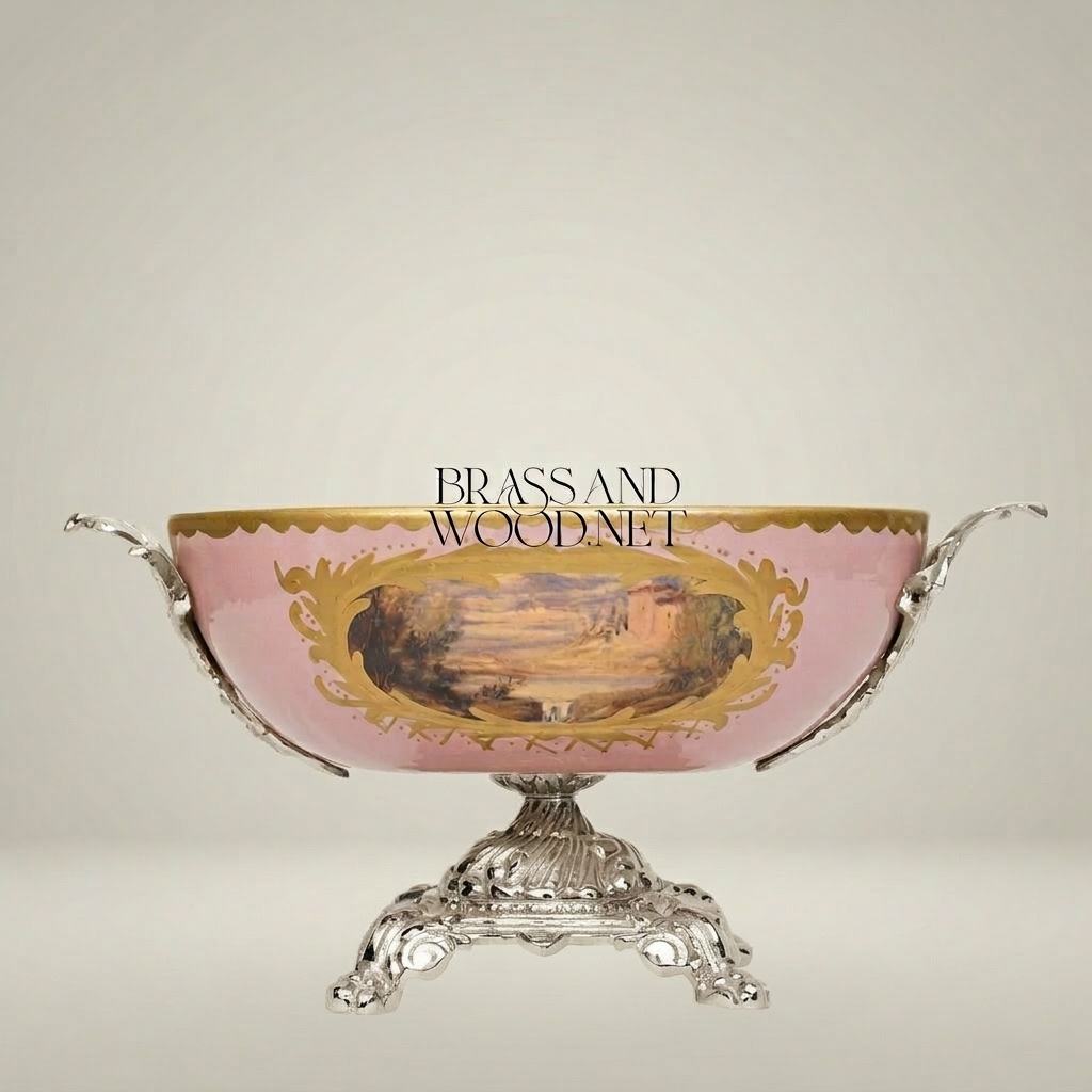 Baroque Porcelain & Brass Footed Centerpiece Bowl - Hand-Painted Landscape Medallion — Silver