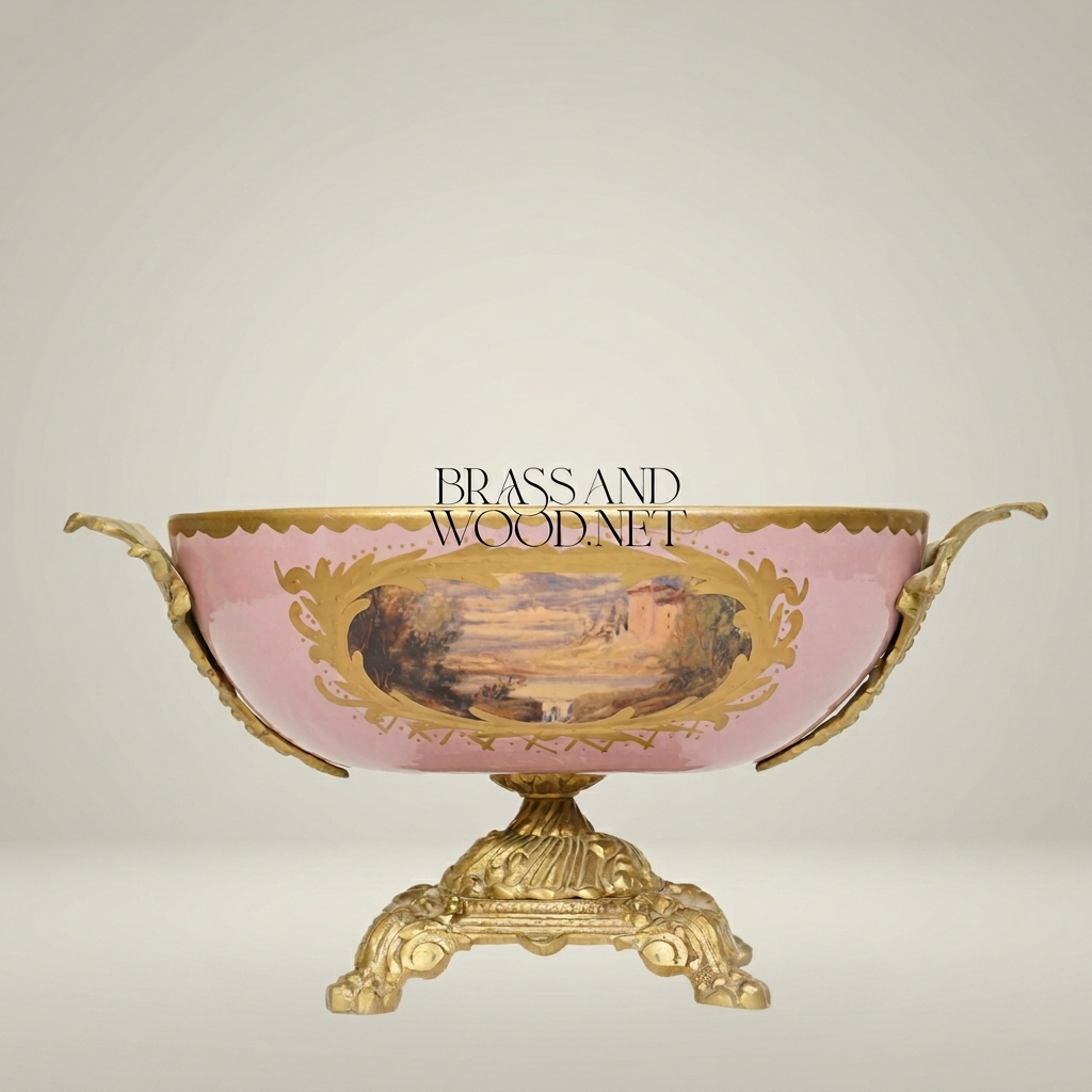 Baroque Porcelain & Brass Footed Centerpiece Bowl - Hand-Painted Landscape Medallion — Antique Gold